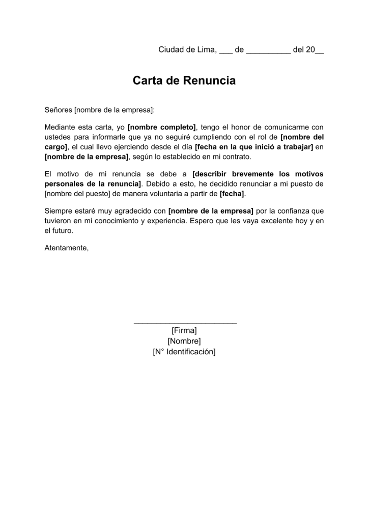 formato de carta de renuncia voluntaria por motivos personales en word