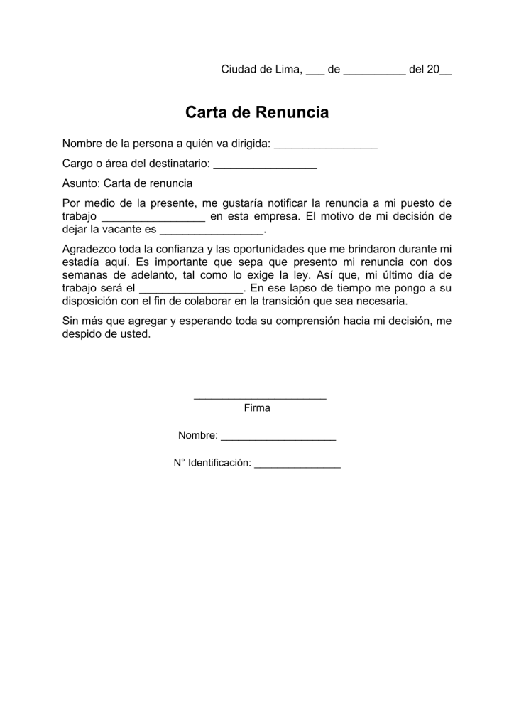 modelo de carta de renuncia voluntaria simple en pdf