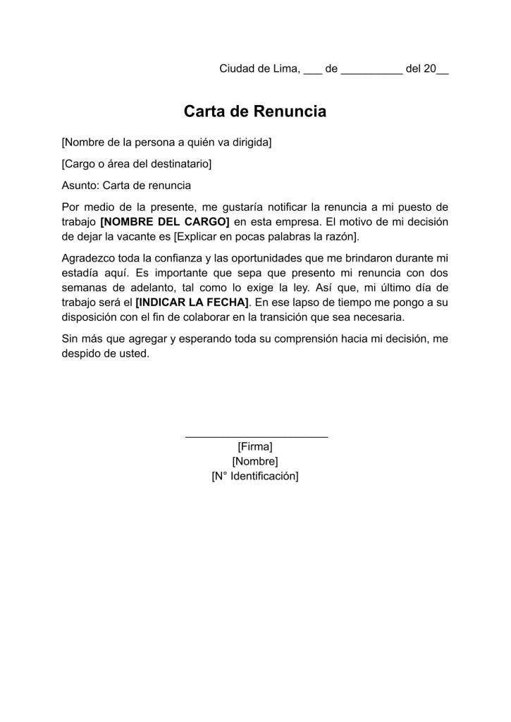 formato de carta de renuncia voluntaria simple en word