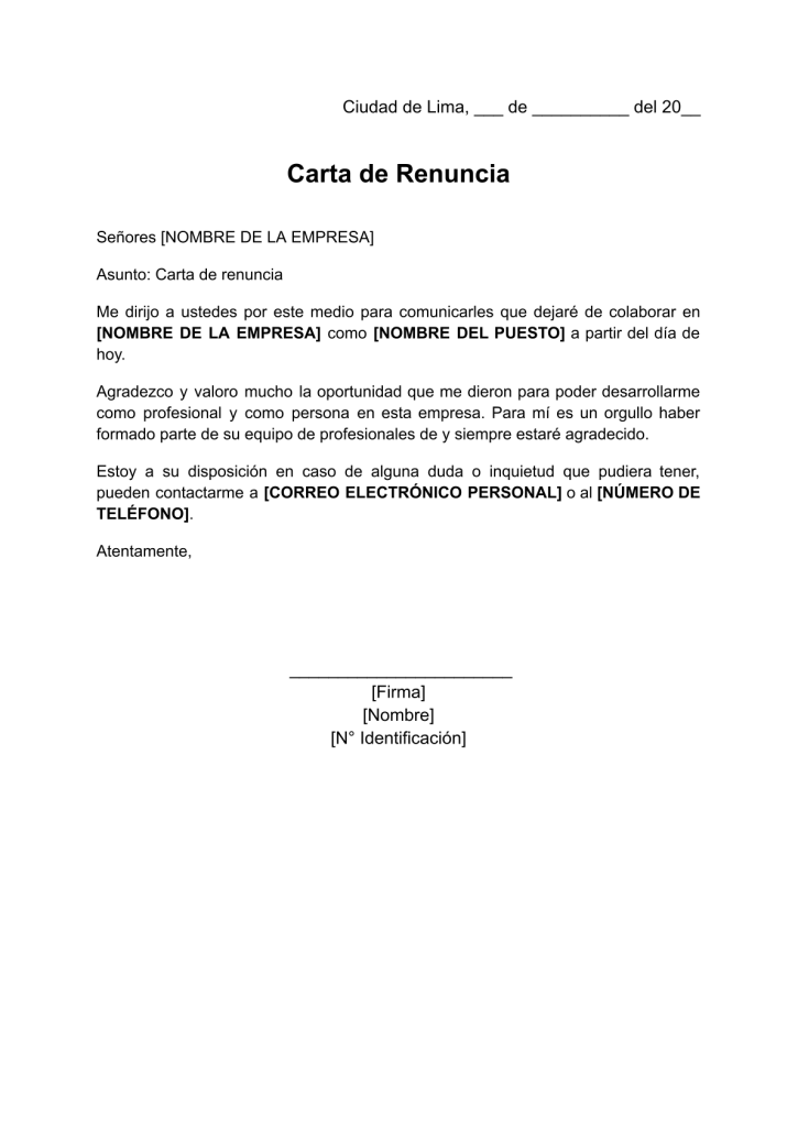 formato de carta de renuncia voluntaria sin previo aviso en word