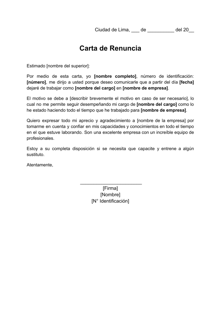 formato de carta de renuncia y agradecimiento en word